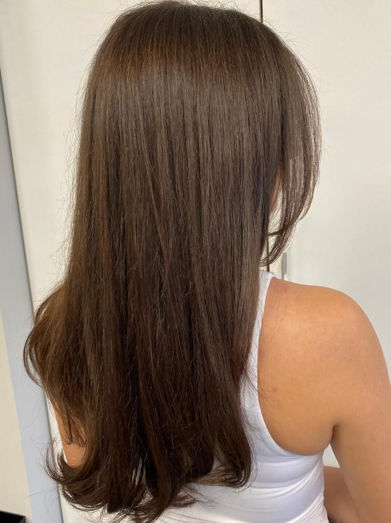 Medium brown straight hair with face framing layers, back view